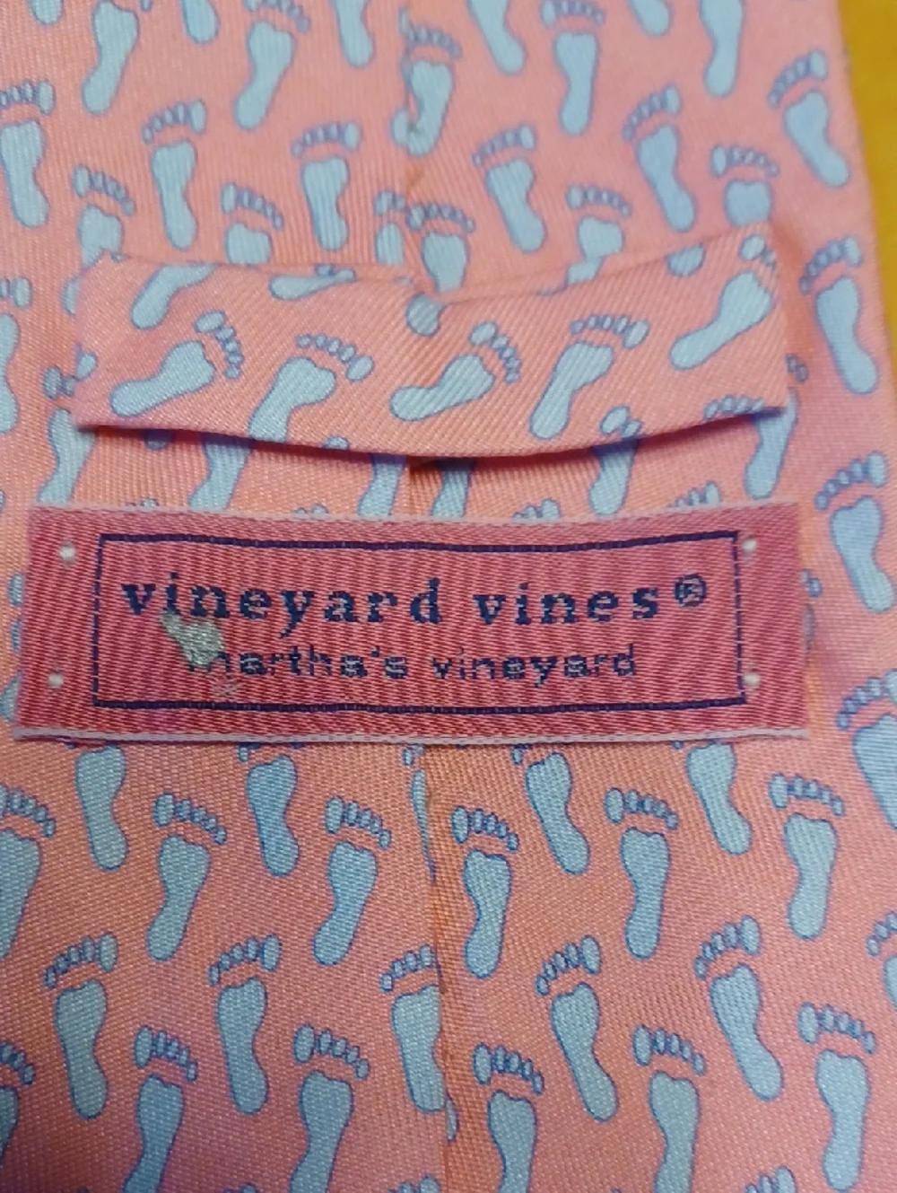 Vineyard Vines Pink Tie with Light Blue Footprint Print 100% Silk